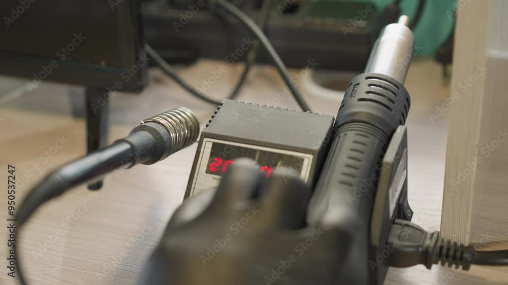 A close-up view of a technician's hand in a black glove adjusting a digital temperature control device A close-up view of a technician's hand in a black glove adjusting a digital temperature control device