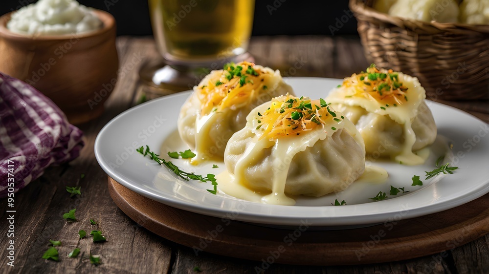 Polish dumplings filled with mashed potatoes, cheese, and onions, boiled and then pan-fried until golden, served with sour cream and sautéed onions on a white plate. Polish dumplings filled with mashed potatoes, cheese, and onions, boiled and then pan-fried until golden, served with sour cream and sautéed onions on a white plate.