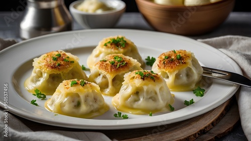 Polish dumplings filled with mashed potatoes, cheese, and onions, boiled and then pan-fried until golden, served with sour cream and sautéed onions on a white plate.