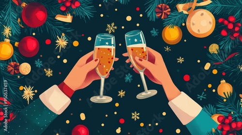 Cheers to the festive season! Two hands clink glasses filled with sparkling drink surrounded by holiday decorations. photo