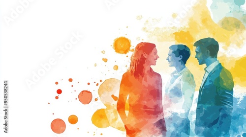 Three individuals engaged in conversation, surrounded by vibrant watercolor splashes and colorful dots, symbolizing collaboration.