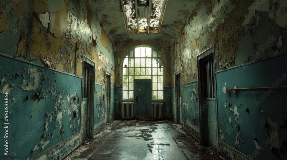 Abandoned hallway with peeling paint in a dilapidated building. Abandoned hallway with peeling paint in a dilapidated building.