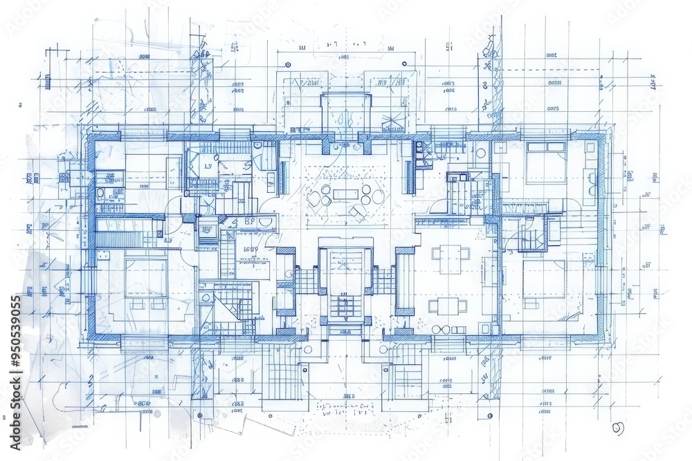 Obraz premium A blue drawing of a building with many lines and numbers, generative ai image