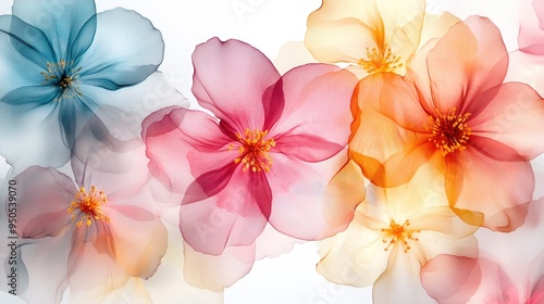 Colorful transparent flowers, arranged in vibrant overlapping layers on a dynamic white-light grey background, creating an elegant visual