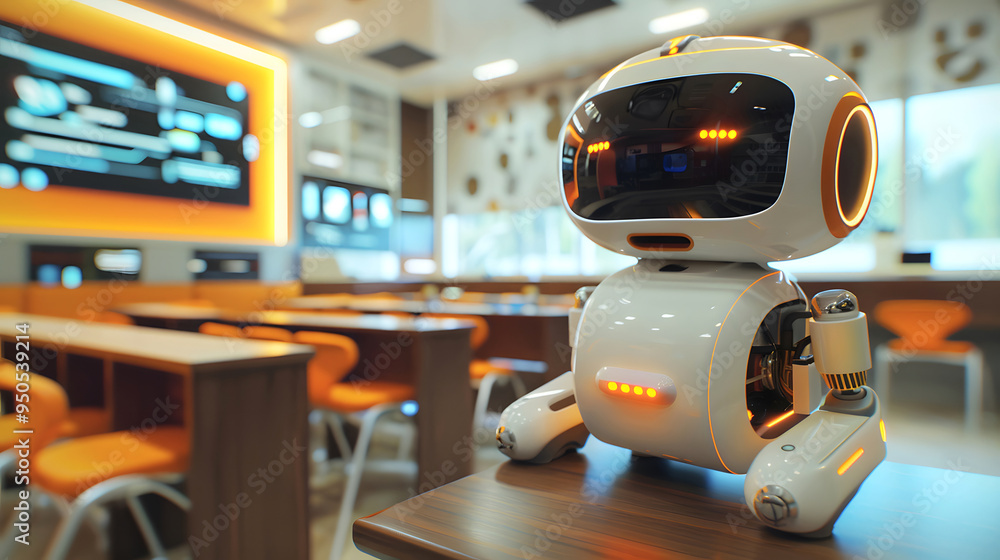 Fototapeta premium Robotic educator teaching students in a modern classroom setting. Generative by AI