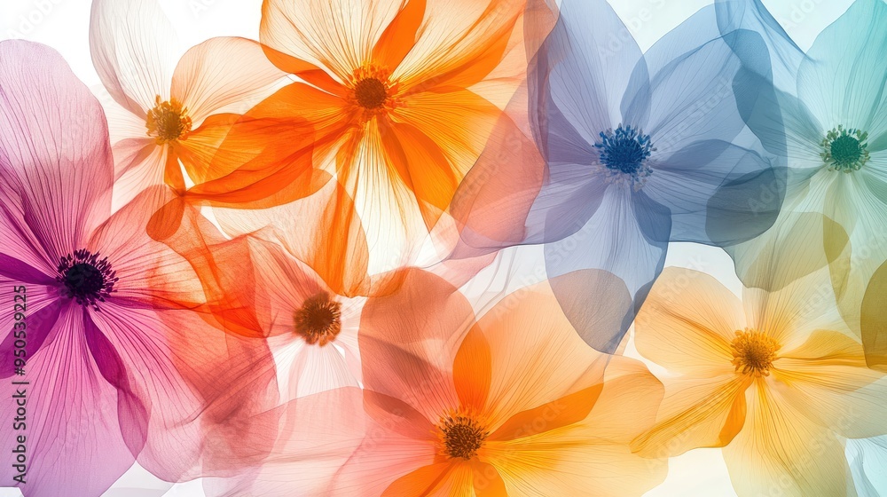 Obraz premium Colorful transparent flowers, arranged in vibrant overlapping layers on a dynamic white-light grey background, creating an elegant visual