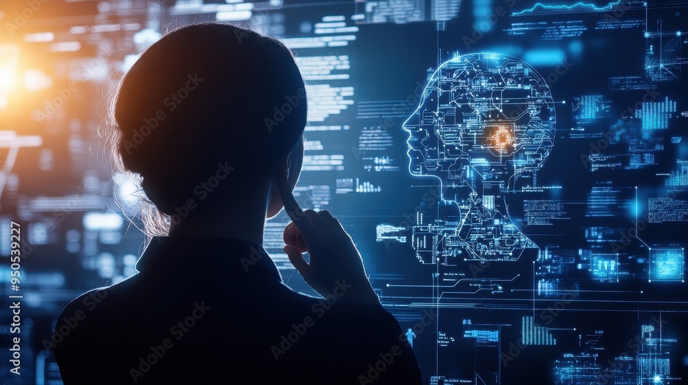 Silhouette of a person in front of a futuristic digital display Silhouette of a person in front of a futuristic digital display