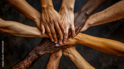 Close-up of hands of different ethnicities symbolizing unity and teamwork