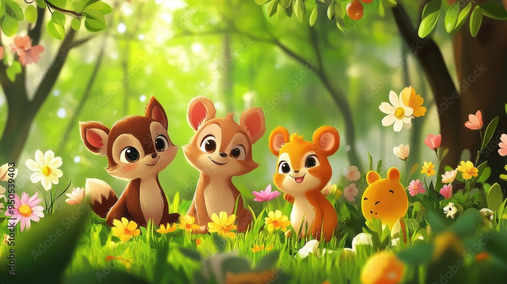 Naklejka premium Cute cartoon animals in a spring forest, with a realistic backdrop of blooming flowers and bright green leaves