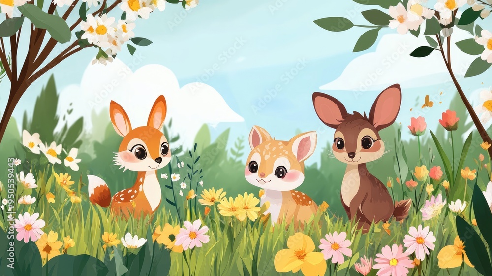 Cute cartoon animals in a spring forest, with a realistic backdrop of blooming flowers and bright green leaves Cute cartoon animals in a spring forest, with a realistic backdrop of blooming flowers and bright green leaves
