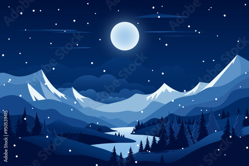Winter night landscape of forest and mountains. Beautiful snow-capped mountains, forest, trees, snowdrifts and an amazing night sky with stars, moon and clouds. Christmas Eve.