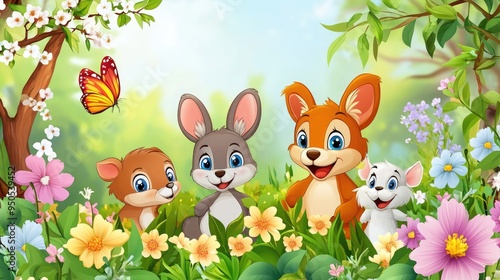 Cute cartoon animals in a spring forest, with a realistic backdrop of blooming flowers and bright green leaves