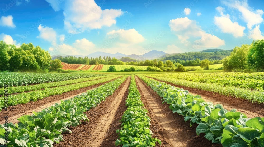 Obraz premium Diverse stages of vegetable agriculture, from planting to harvest, set against a realistic and vibrant field background
