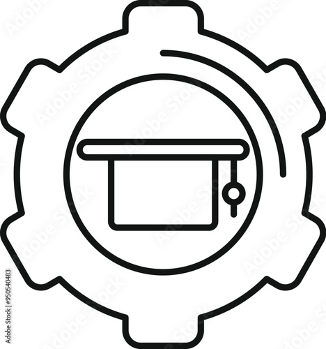 Line art vector icon of a graduation cap placed inside a gear wheel, representing the concept of education technology