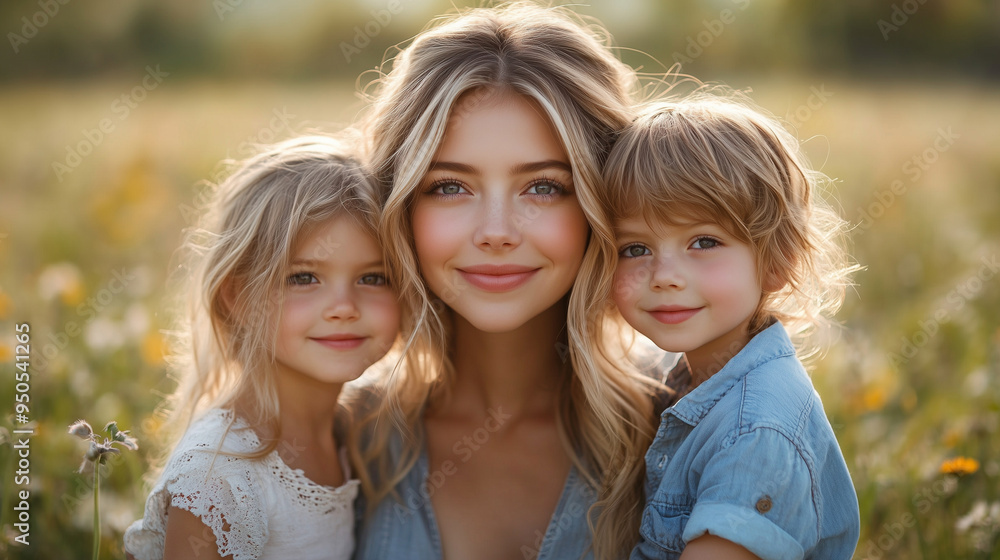 Elegant young mother with son and daughter, sharing a loving moment outdoors, summer morning glow . Elegant young mother with son and daughter, sharing a loving moment outdoors, summer morning glow .