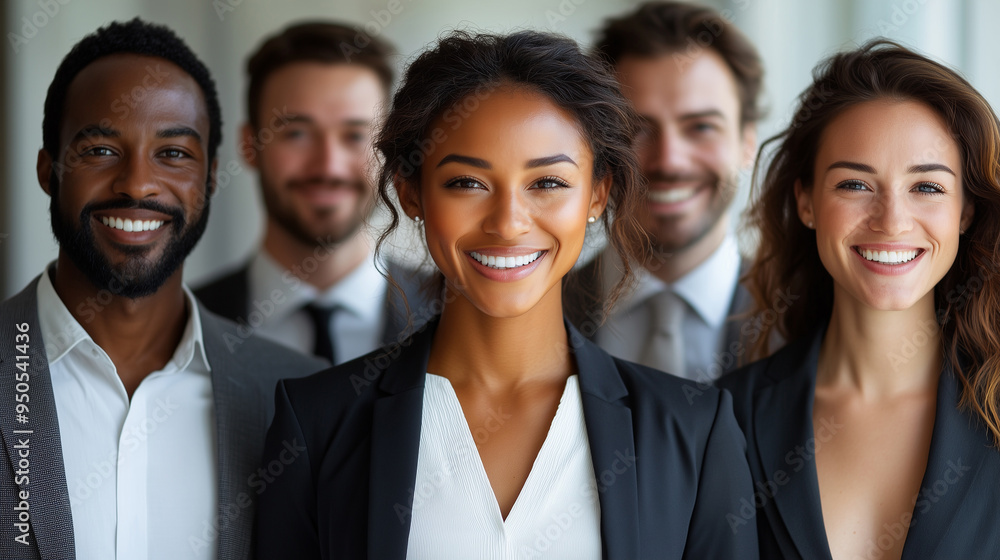 Dynamic business team portrait, confident smiles, in a bright, white-toned studio office environment. Dynamic business team portrait, confident smiles, in a bright, white-toned studio office environment.