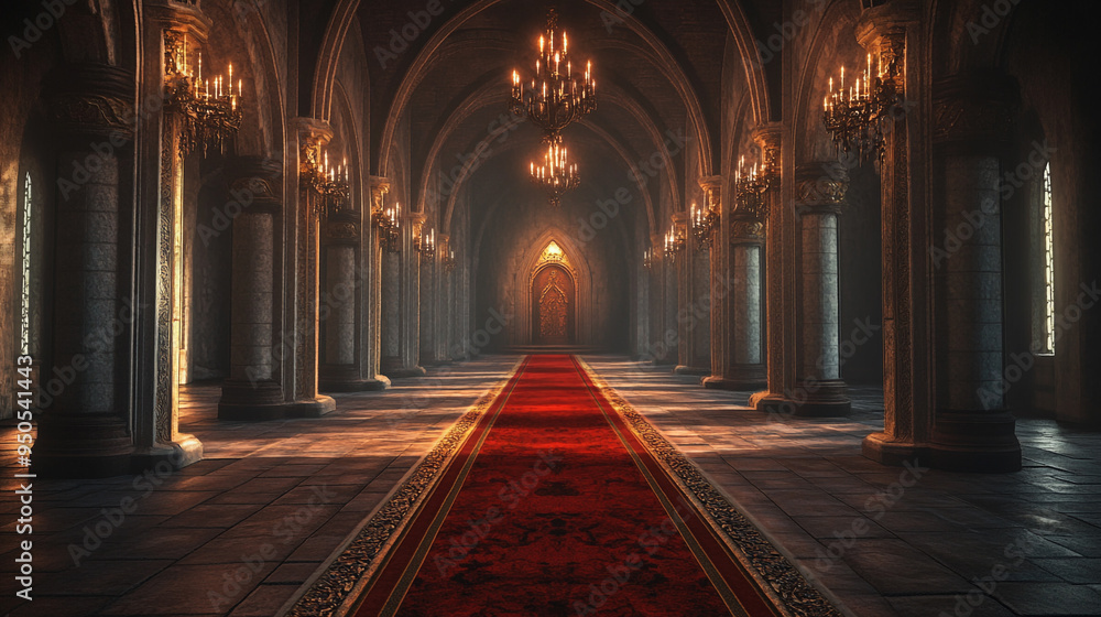 Obraz premium A grand hall featuring ornate chandeliers and a red carpet leading to an arched doorway illuminated by natural light
