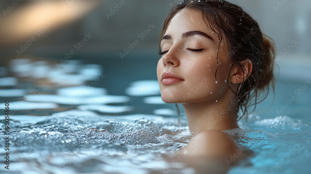 Fototapeta premium Chic young woman by a sleek outdoor pool, city backdrop, summer vibes, modern elegance.