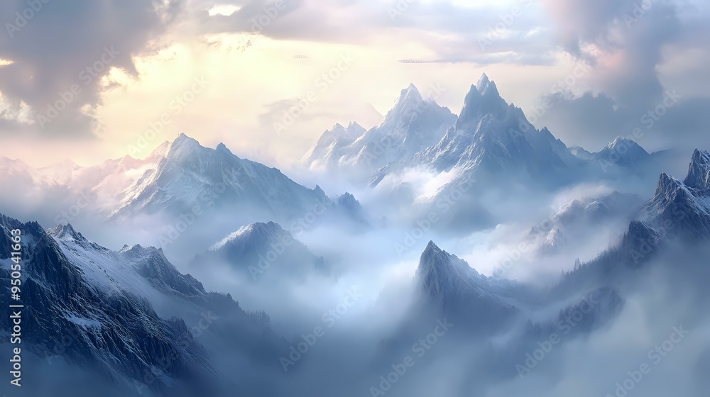 Mystical fog Mountains shrouded in thick fog, with only the highest peaks piercing through the clouds, and a soft, ethereal light filtering through Mystical fog Mountains shrouded in thick fog, with only the highest peaks piercing through the clouds, and a soft, ethereal light filtering through
