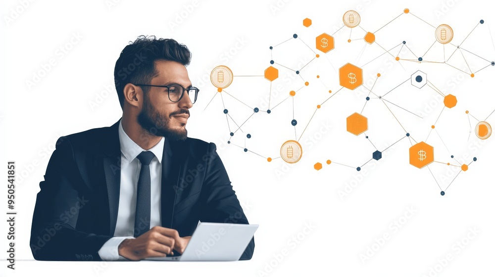 The Power of Networking: A confident businessman in a suit thoughtfully strategizes, surrounded by a network of interconnected gold coins, symbolizing financial connections and opportunities. The Power of Networking: A confident businessman in a suit thoughtfully strategizes, surrounded by a network of interconnected gold coins, symbolizing financial connections and opportunities.