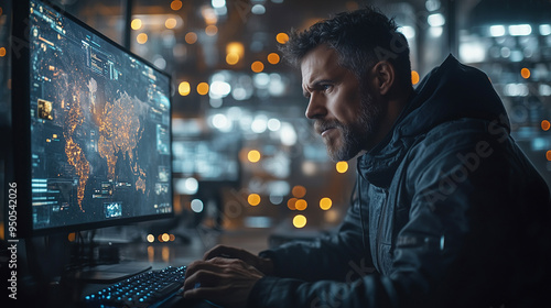 Back view of Gamer playing online video game on his powerful personal computer at home.