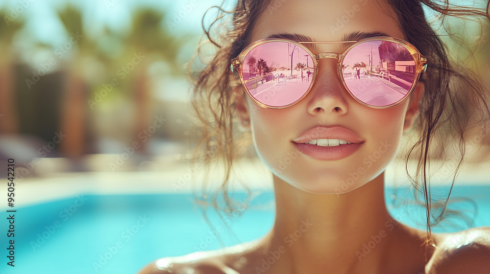 Chic, elegant young woman in a city summer setting, outdoor pool luxury, vibrant urban escape. Chic, elegant young woman in a city summer setting, outdoor pool luxury, vibrant urban escape.