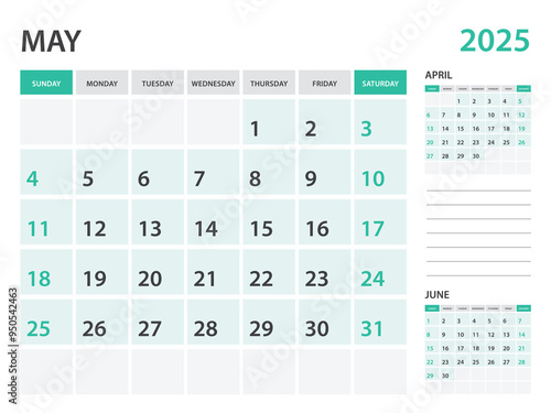 Calendar 2025 template- May 2025 year, monthly planner, Desk Calendar 2025 template, Wall calendar design, Week Start On Sunday, Stationery, printing, office organizer vector photo