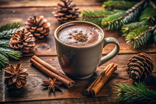  a cozy, rustic scene featuring a cup of hot chocolate or coffee on a wooden table. The drink is in a white mug and appears to have a sprinkle of cocoa or cinnamon on top