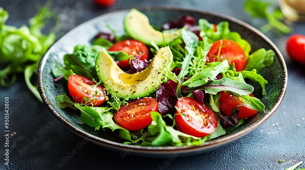 Vibrant Fresh Salad Featuring Mixed Greens Cherry Tomatoes and Avocado with Light Vinaigre Vibrant Fresh Salad Featuring Mixed Greens Cherry Tomatoes and Avocado with Light Vinaigre
