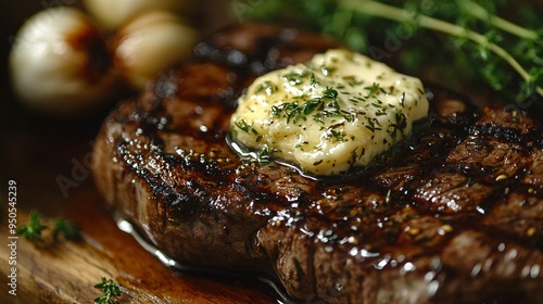 Sizzling Grilled Steak with Herb Butter and Roasted Garlic Garnished with Fresh Thyme Key