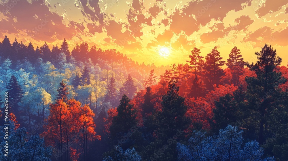 Sunset Over a Vibrant Forest Canopy. AI generated illustration Sunset Over a Vibrant Forest Canopy. AI generated illustration