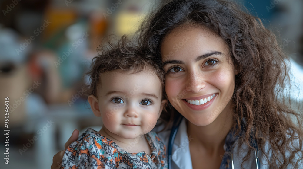 Fototapeta premium Doctor : Happy infant kid assessment in clinic; hospital and medical analysis. An image featuring a doctor and child; along with a doctor and baby.