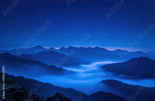 Starry sky, moonlight shining on the distant mountain peaks and clouds below