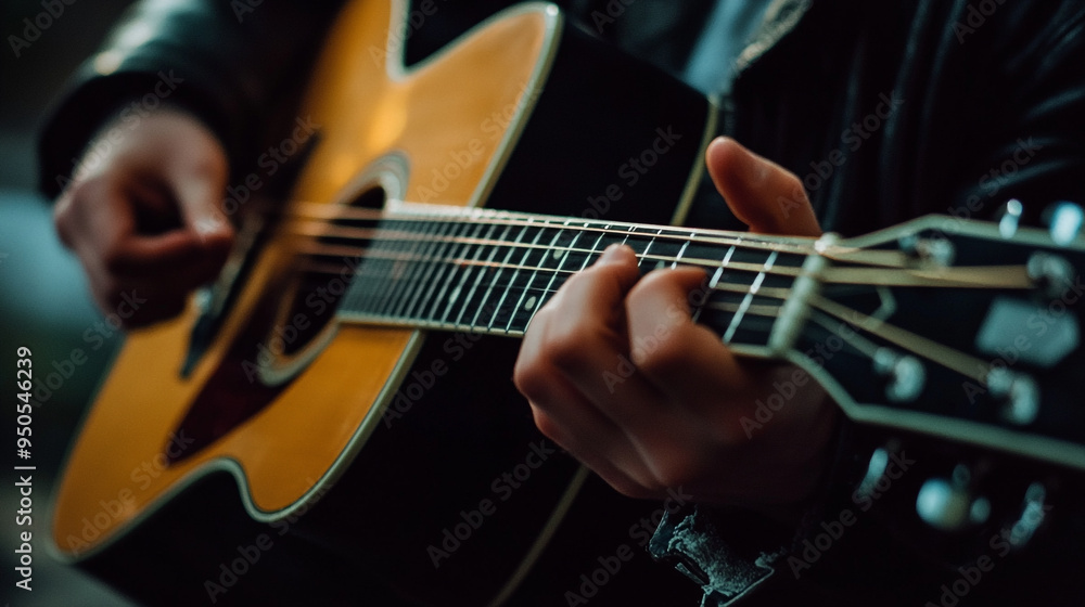 Obraz premium A person playing an acoustic guitar with passion in a cozy indoor setting during the evening hours