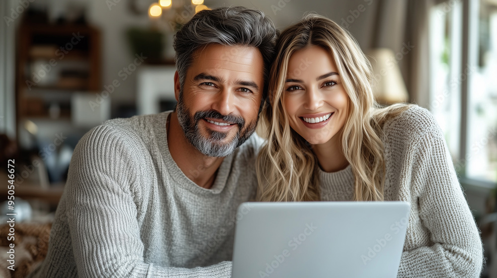 Happy, stylish couple in a loving glance over a laptop in their inviting home office. Happy, stylish couple in a loving glance over a laptop in their inviting home office.