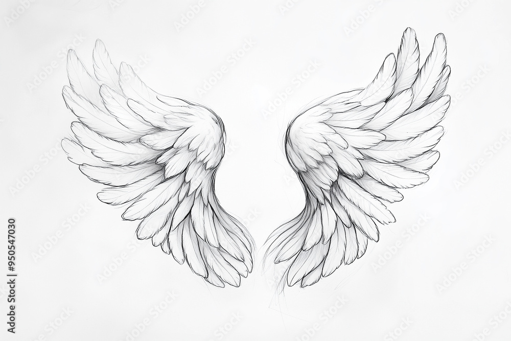Fototapeta premium tattoo sketch of angel's wings, focusing on a delicate, flowing design. Use clean lines to depict the soft, feathered texture of the wings, with a gentle curve to convey a sense of serenity and grace.