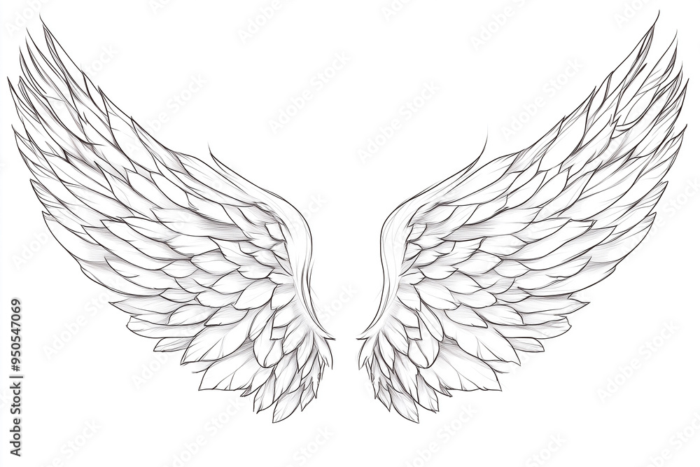 Obraz premium tattoo sketch of angel's wings, focusing on a delicate, flowing design. Use clean lines to depict the soft, feathered texture of the wings, with a gentle curve to convey a sense of serenity and grace.