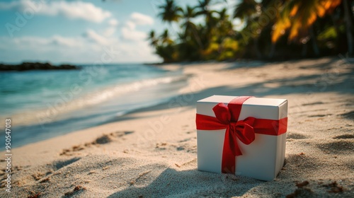 Gift Box with Red Ribbon on a Tropical Beach