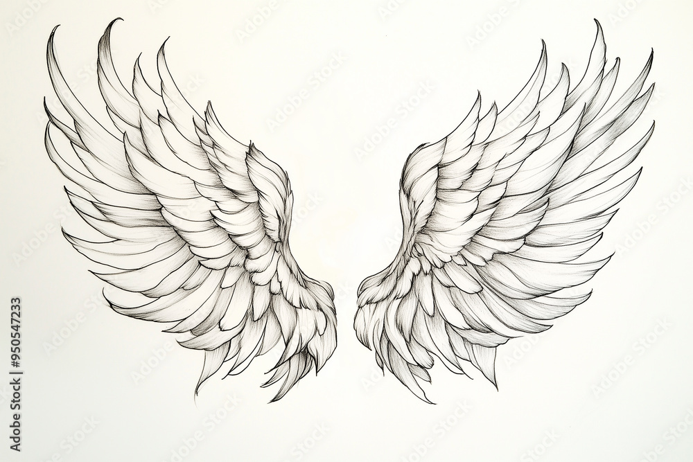 tattoo sketch of angel's wings, focusing on a delicate, flowing design. Use clean lines to depict the soft, feathered texture of the wings, with a gentle curve to convey a sense of serenity and grace. tattoo sketch of angel's wings, focusing on a delicate, flowing design. Use clean lines to depict the soft, feathered texture of the wings, with a gentle curve to convey a sense of serenity and grace.