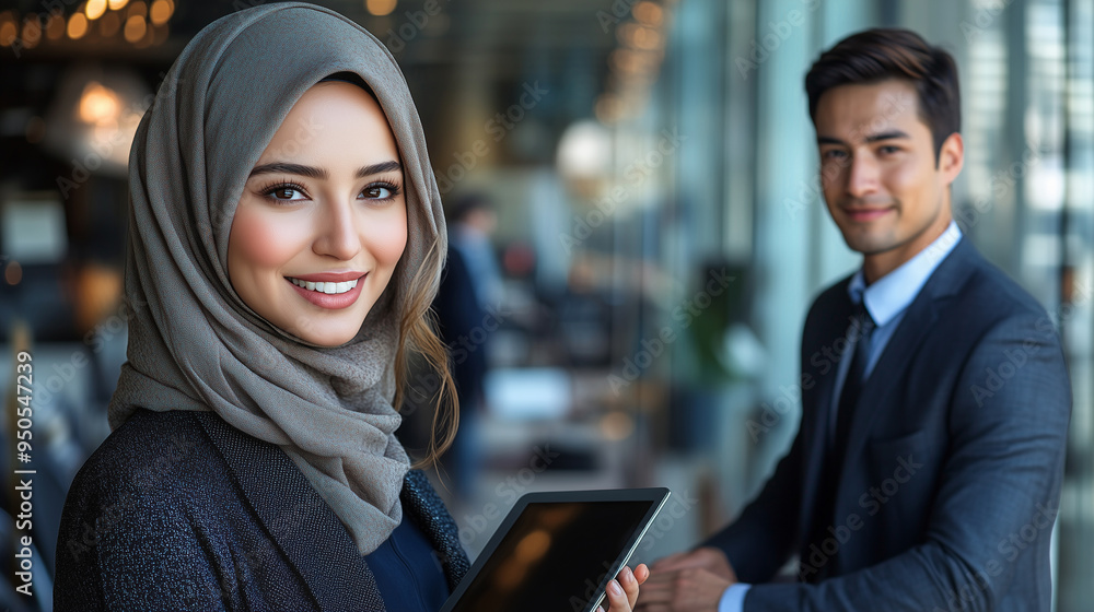 Smiling portrait of a businesswoman of arab descent wearing a hijab holding tablet and handsome asian businessman, working on desk with laptop computer in a modern business office tower. Smiling portrait of a businesswoman of arab descent wearing a hijab holding tablet and handsome asian businessman, working on desk with laptop computer in a modern business office tower.