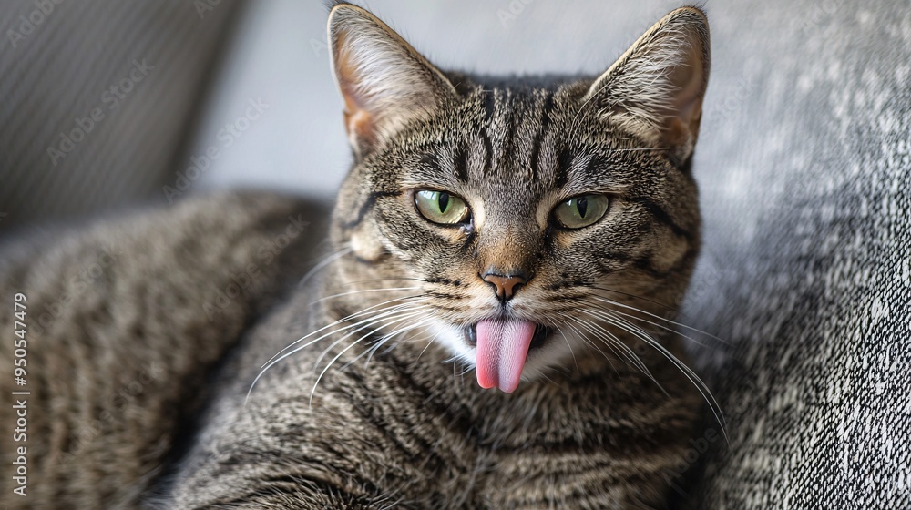 Goofy Cat Squinting and Sticking Out Tongue While Relaxing on a Couch in Fun Cozy Setting Goofy Cat Squinting and Sticking Out Tongue While Relaxing on a Couch in Fun Cozy Setting