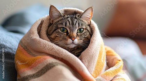 Funny Cat Wrapped in a Blanket Like a Burrito Displaying Comfort and Mild Annoyance