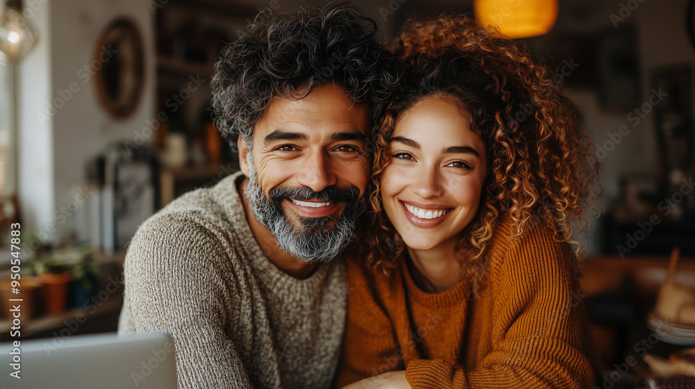 Happy, stylish couple in a loving glance over a laptop in their inviting home office. Happy, stylish couple in a loving glance over a laptop in their inviting home office.