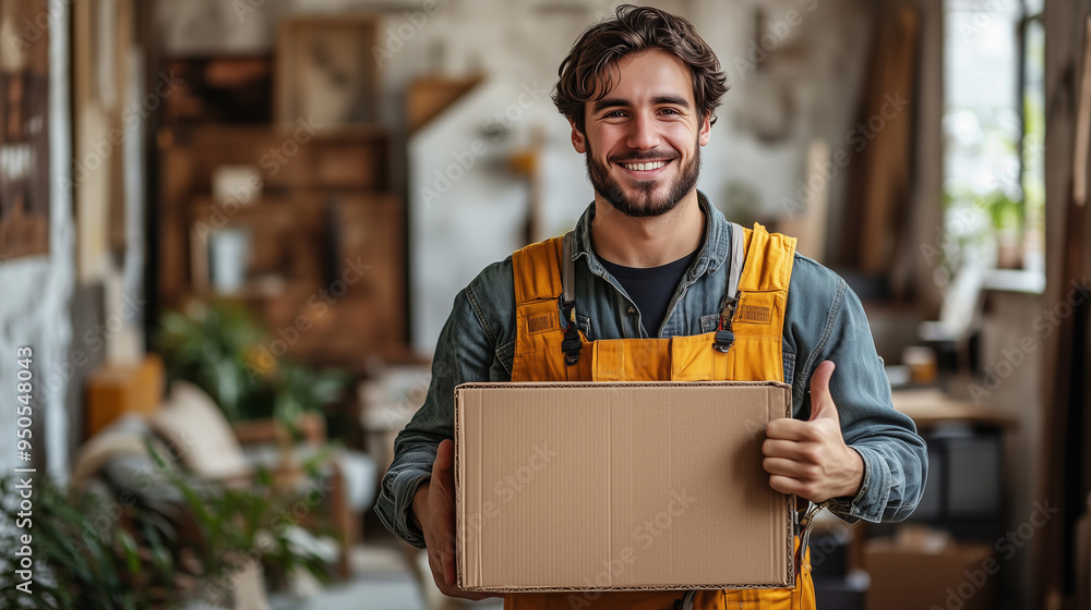 Moving day concept. Young happy smiling employee of moving service overall standing in the living room of new house holding cardboard box and showing thumb up sign. Moving day concept. Young happy smiling employee of moving service overall standing in the living room of new house holding cardboard box and showing thumb up sign.