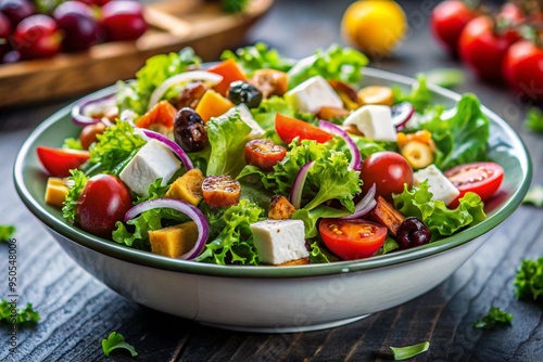 a vibrant and colorful salad in a bowl. The salad includes a mix of fresh ingredients such as leafy greens, cherry tomatoes, cubes of cheese, slices of red onion, and what appear to be dried fruits or