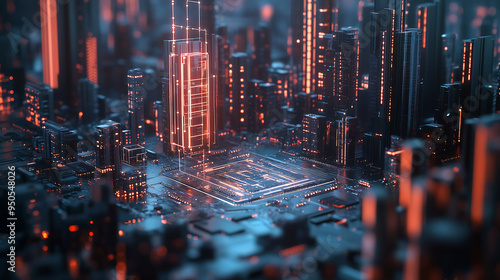 futuristic cityscape emerges from microchip with glowing neon lights showcasing technological innovation and digital transformation virtual urban environment photo