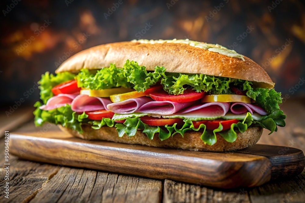 a large, appetizing sandwich placed on a wooden cutting board. The sandwich is made with a long, crusty bread roll. Inside, it is filled with layers of fresh green lettuce, slices of ham a large, appetizing sandwich placed on a wooden cutting board. The sandwich is made with a long, crusty bread roll. Inside, it is filled with layers of fresh green lettuce, slices of ham