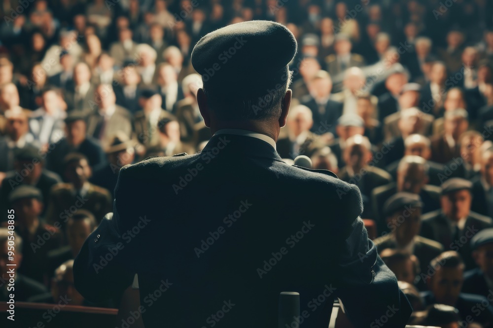 A man stands in front of a crowd, wearing a hat and a suit, generative ai image A man stands in front of a crowd, wearing a hat and a suit, generative ai image