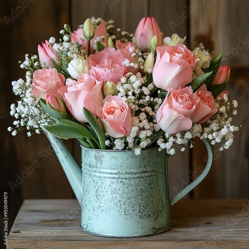 Vase for beautiful bouquet of roses which is an old metal watering can photo