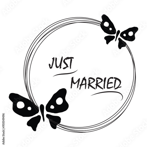 Just Married hand lettering phrase. Vector brush calligraphy text design isolated on white background.